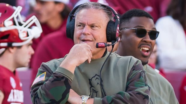 Razorbacks coach Sam Pittman on the sidelines during game with Auburn